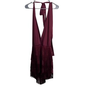 TikTok Shop Women's Tassel Tie Back Deep V Neck BodyCon Romper Burgundy Size XL